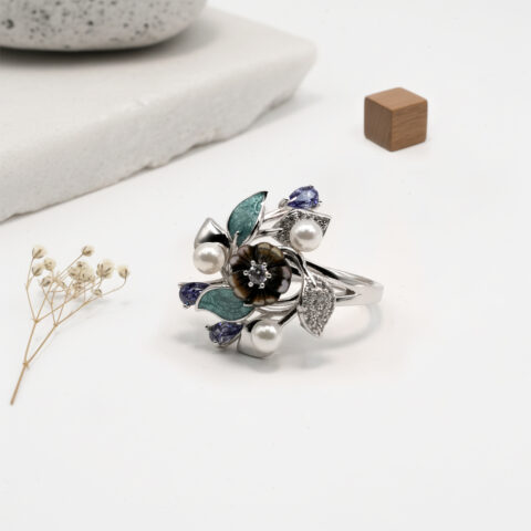 PREMIUM 925 SILVER FLOWER PEARL RING - SIZE 17