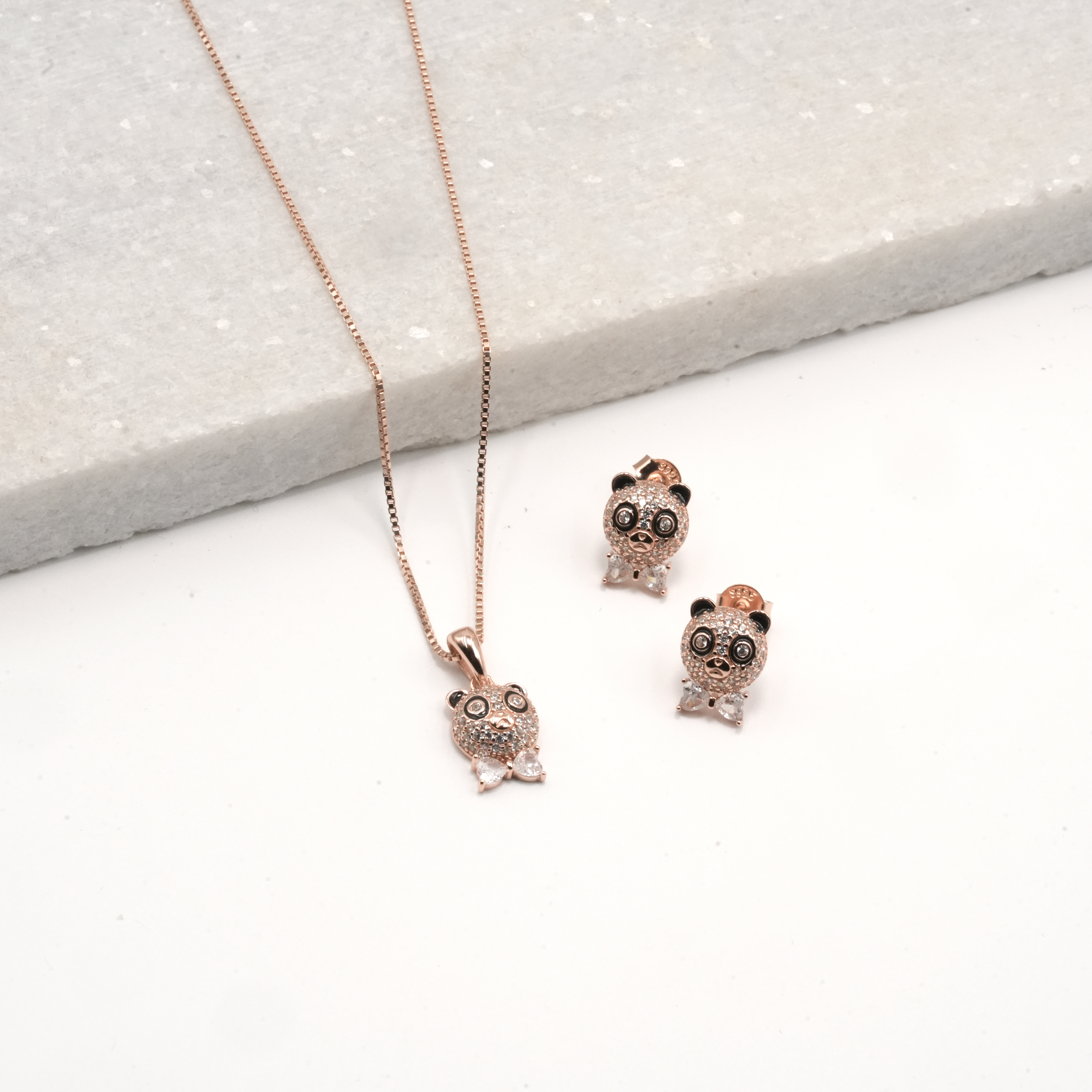 PREMIUM 925 SILVER EXCLUSIVE ROSE GOLD POLISH PANDA PENDANT SET