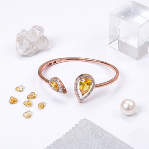 PREMIUM EXCLUSIVE 925 SILVER BRACELET WITH ROSE GOLD POLISH YELLOW STONE