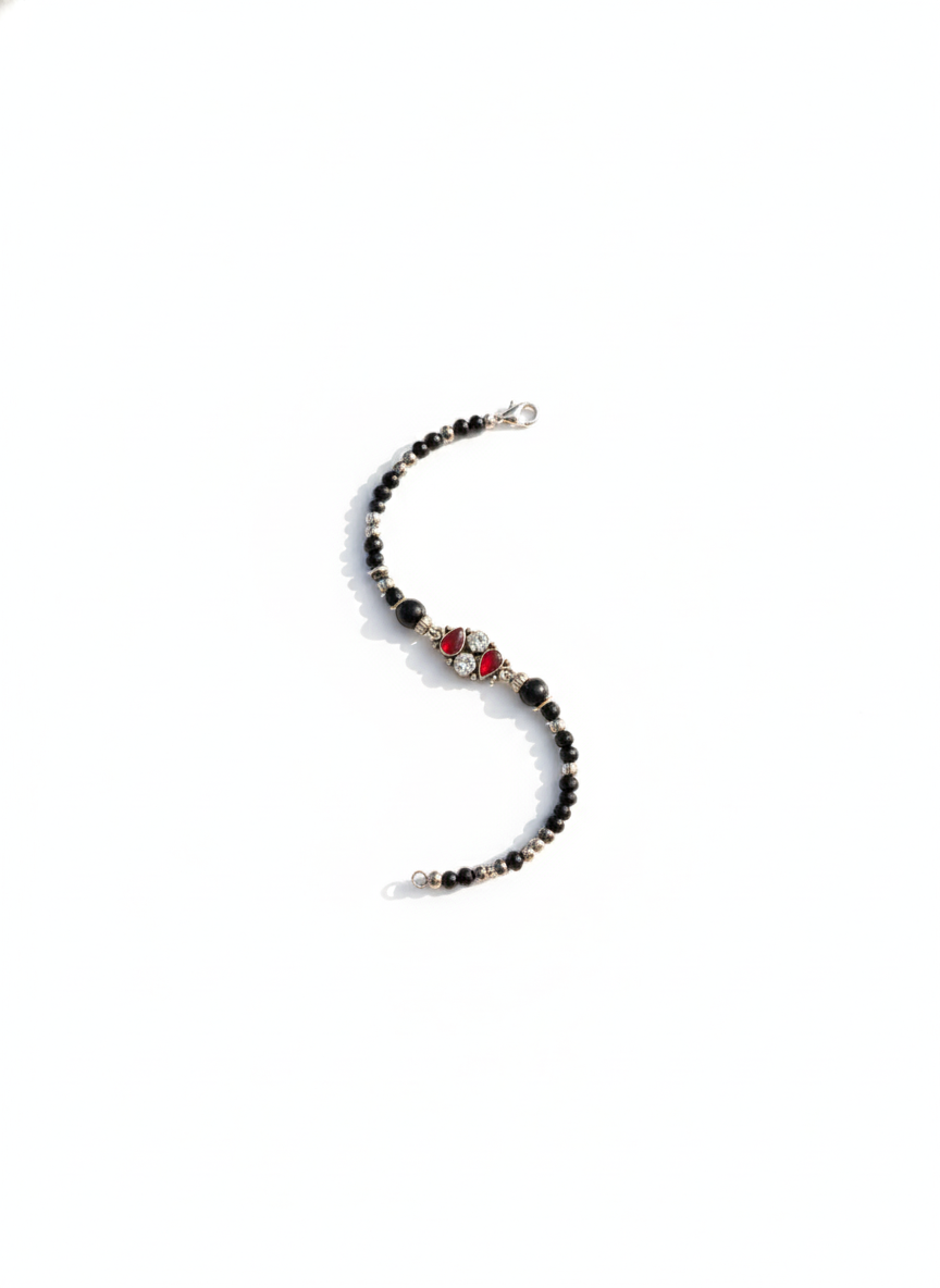 PREMIUM 925 SILVER BLACK BEADS WITH RUBY STONE ANTICK ANKLET