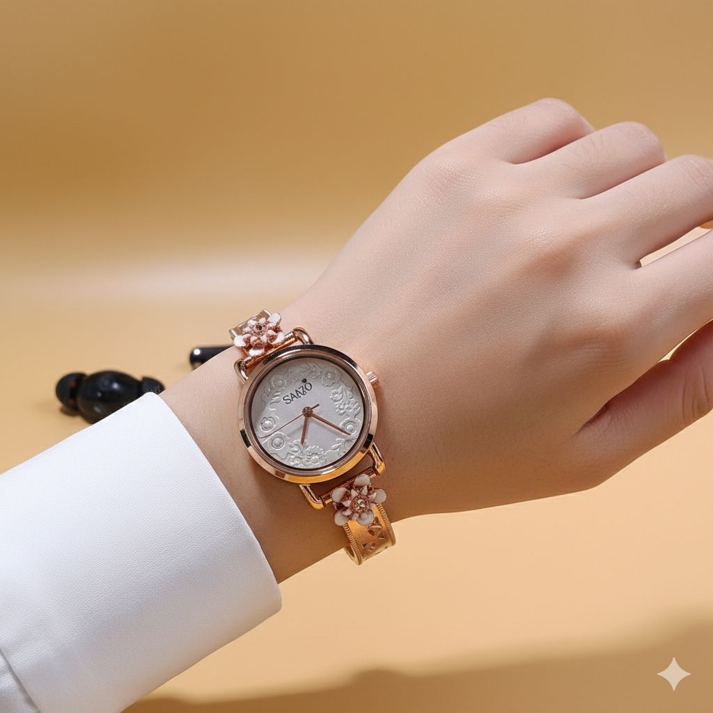PREMIUM 925 SILVER MOP FLOWER ROSE GOLD POLISH WATCH - Image 4