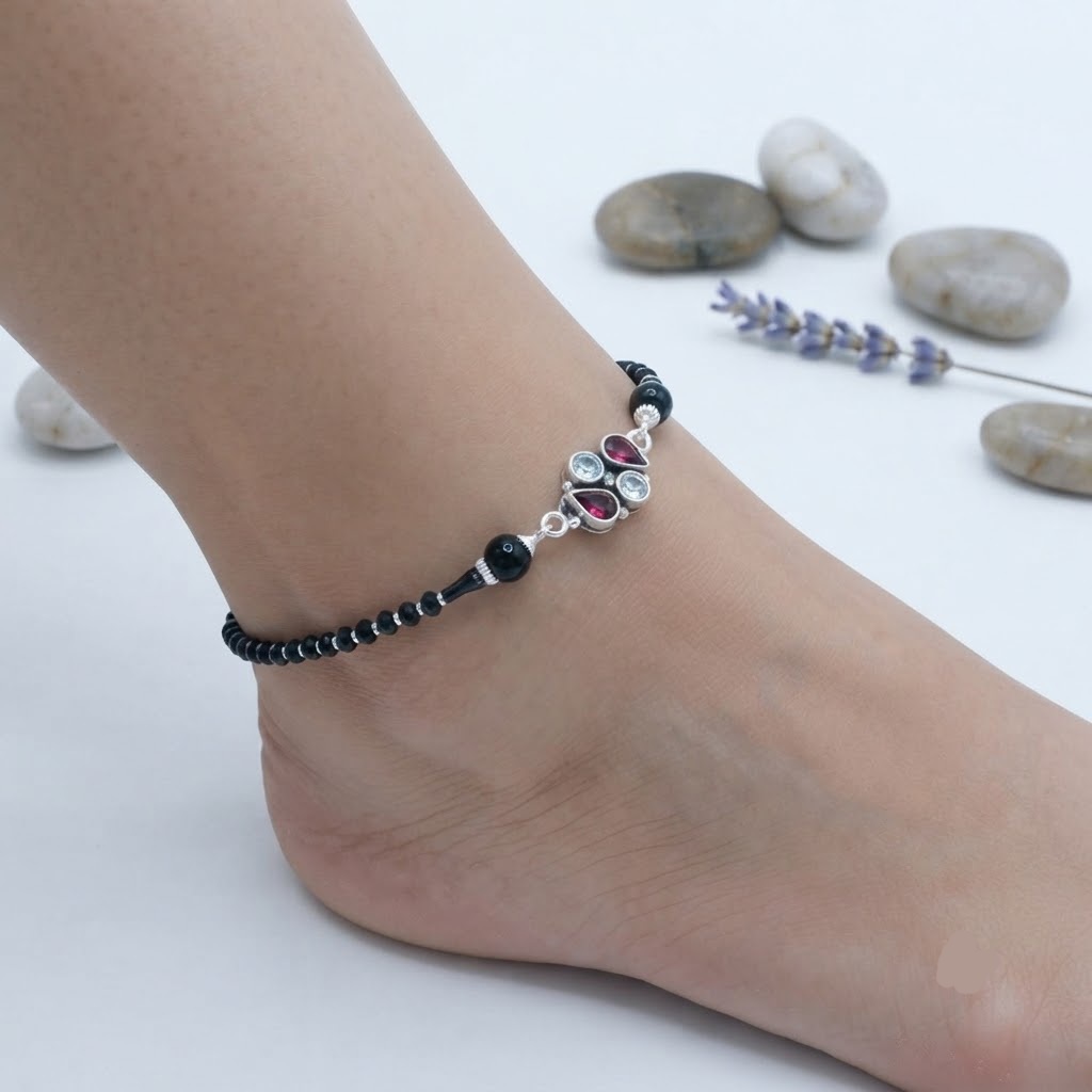 PREMIUM 925 SILVER BLACK BEADS WITH RUBY STONE ANTICK ANKLET