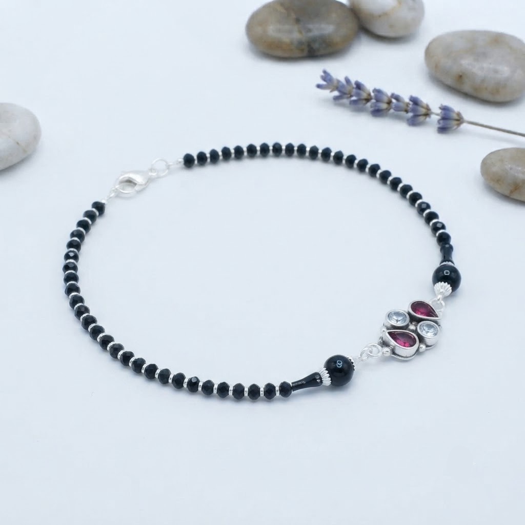 PREMIUM 925 SILVER BLACK BEADS WITH RUBY STONE ANTICK ANKLET - Image 3