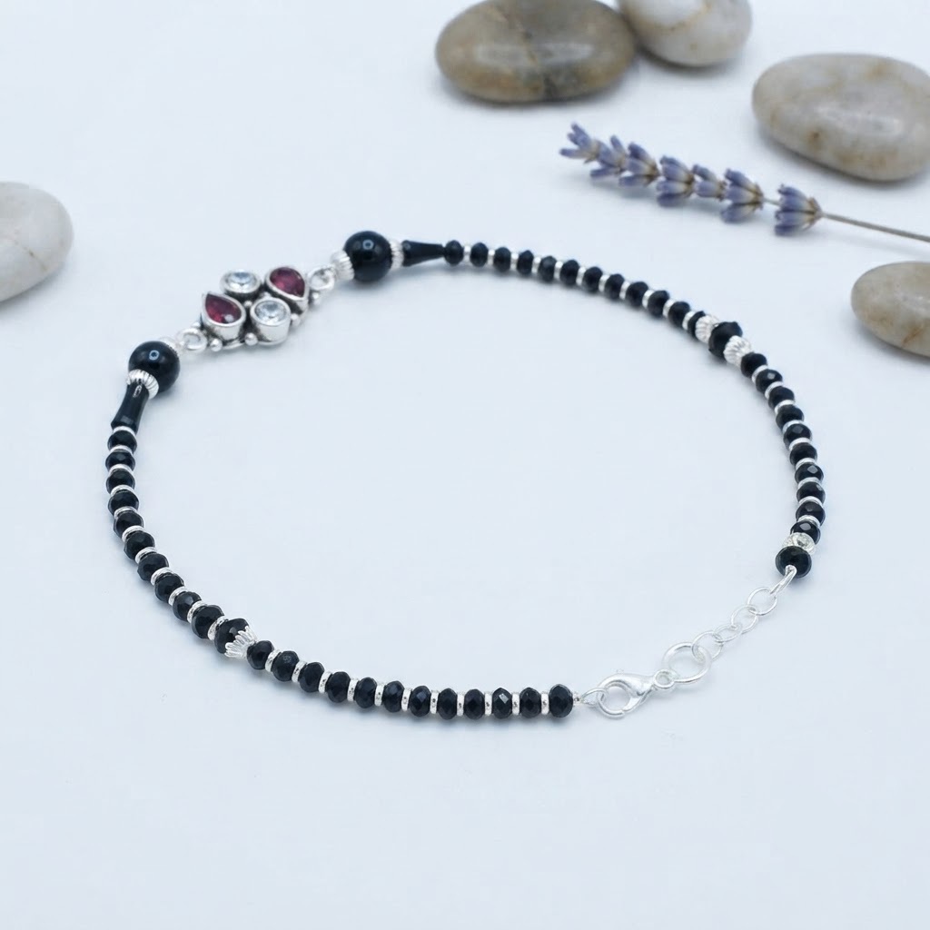 PREMIUM 925 SILVER BLACK BEADS WITH RUBY STONE ANTICK ANKLET - Image 4