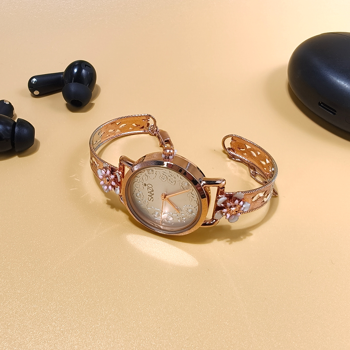 PREMIUM 925 SILVER MOP FLOWER ROSE GOLD POLISH WATCH - Image 2