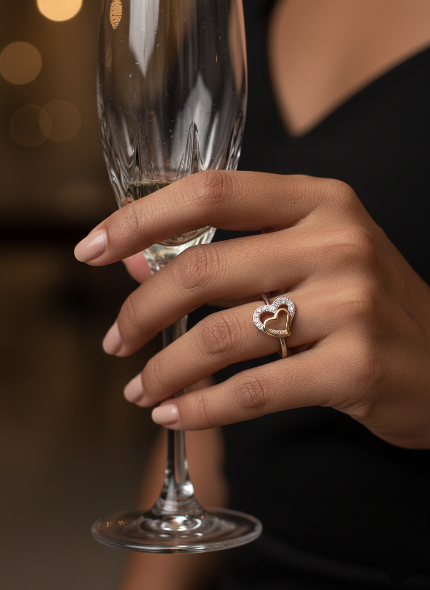 PREMIUM 925 SILVER COUPLE HEART TWO TONE RING - SIZE 13 - Image 6