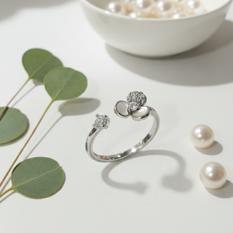 PREMIUM 925 SILVER MINIMAL FLOWER MOP RING - SIZE FREE