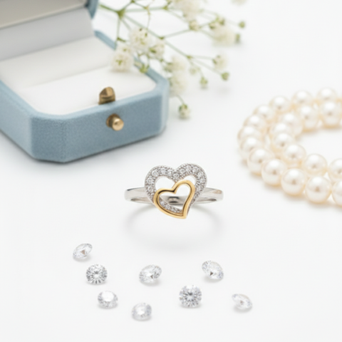 PREMIUM 925 SILVER COUPLE HEART TWO TONE RING - SIZE 13