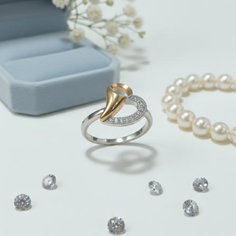 PREMIUM 925 SILVER MORDRN HEART TWO TONE RING - SIZE 12