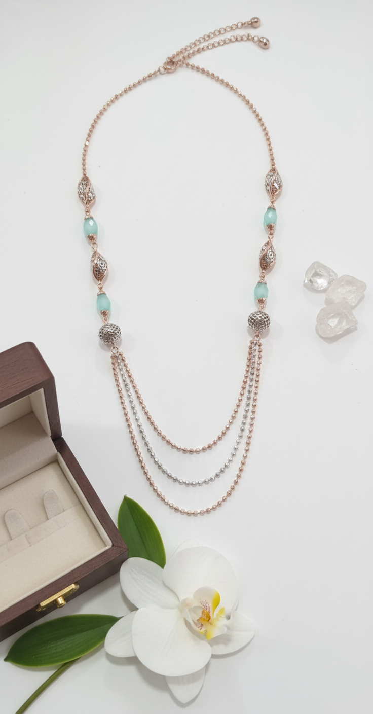 EXCLUSIVE 925 SILVER ROSE GOLD POLISH GREEN CRYSTAL NECKLESS - Image 3