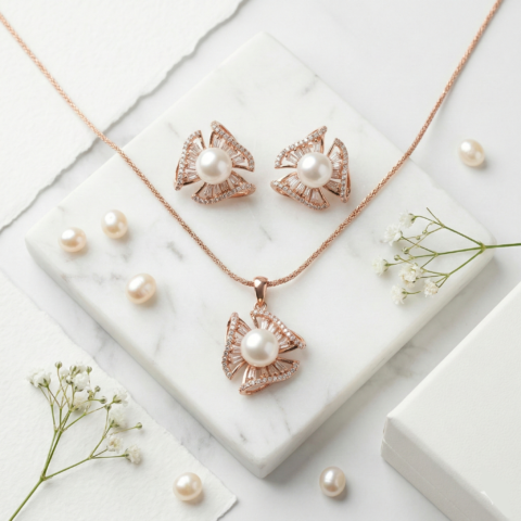 EXCLUSIVE 925 SILVER ROSE GOLD POLISH TRIANGLE BAGUTTE STONE WITH PEARL PENDANT SET