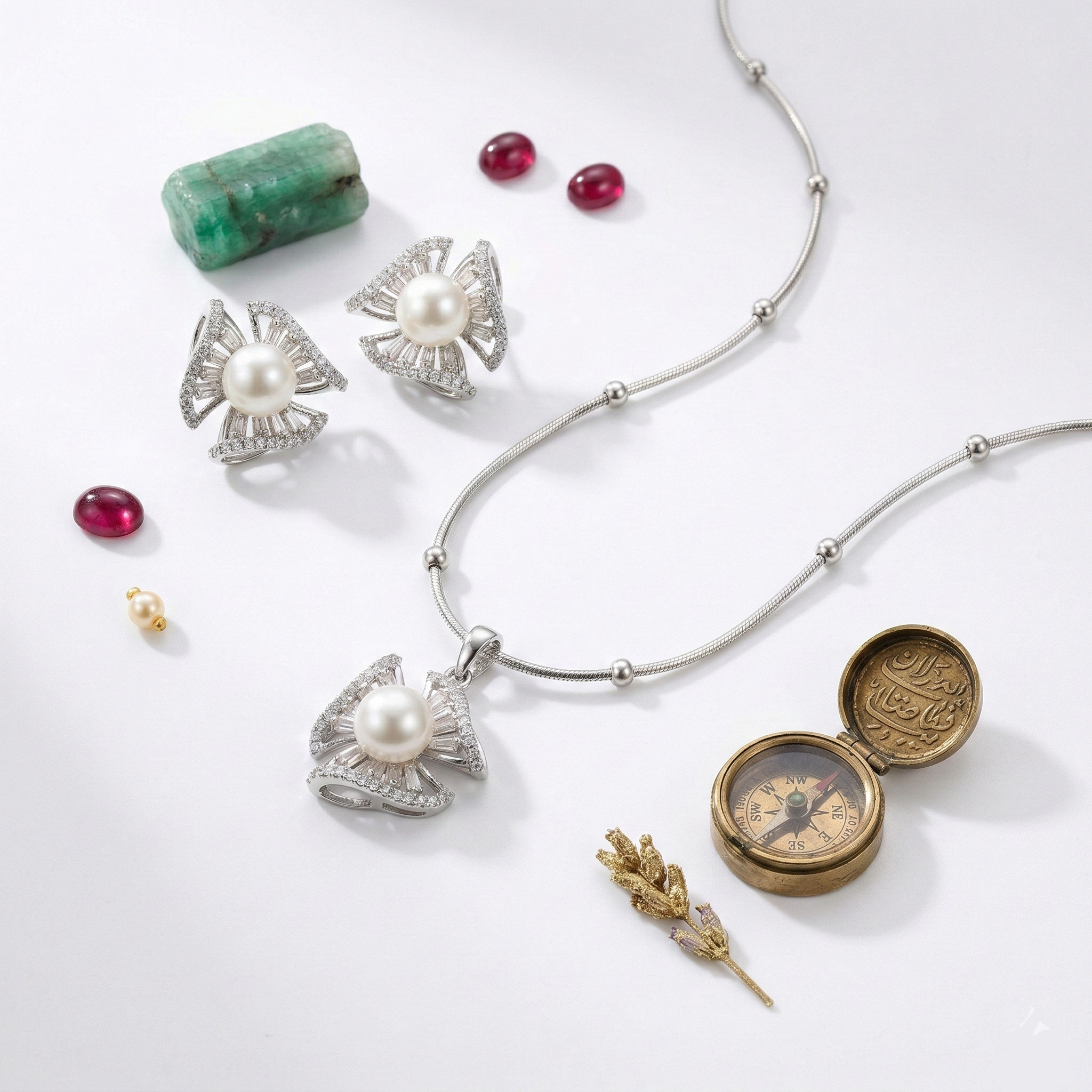 EXCLUSIVE 925 SILVER TRIANGLE BAGUTTE STONE WITH PEARL PENDANT SET