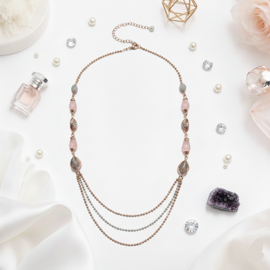 EXCLUSIVE 925 SILVER ROSE GOLD POLISH WITH ELEGANT PINK CRYSTAL NECLESS