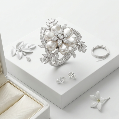 EXCLUSIVE 925 SILVER FLORAL PEARL CROWN RING SIZE - 14