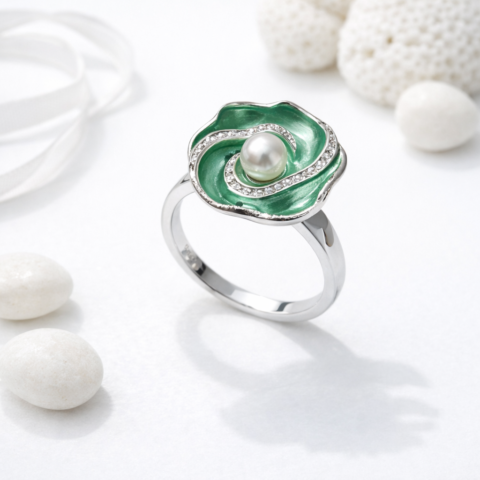 EXCLUSIVE 925 SILVER EMERALD BLOOM PEARL  WOMEN'S RING - FREE SIZE