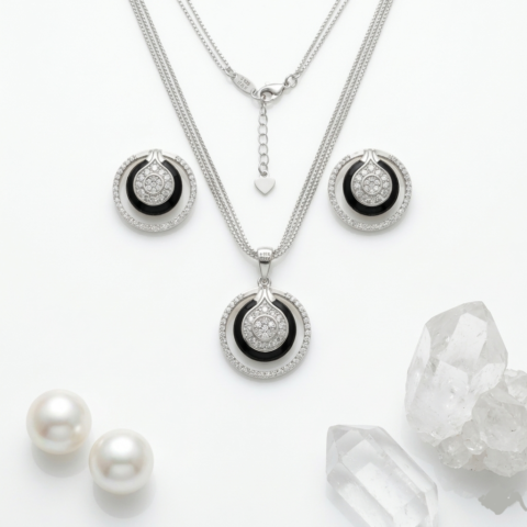 PREMIUM 925 SILVER ECLIPSE SUITE BLACK ENAMEL PENDANT SET