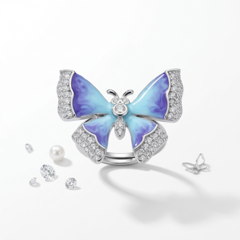 EXCLUSIVE 925 SILVER BLUE IRIS BUTTERFLY WOMEN'S RING FREE SIZE