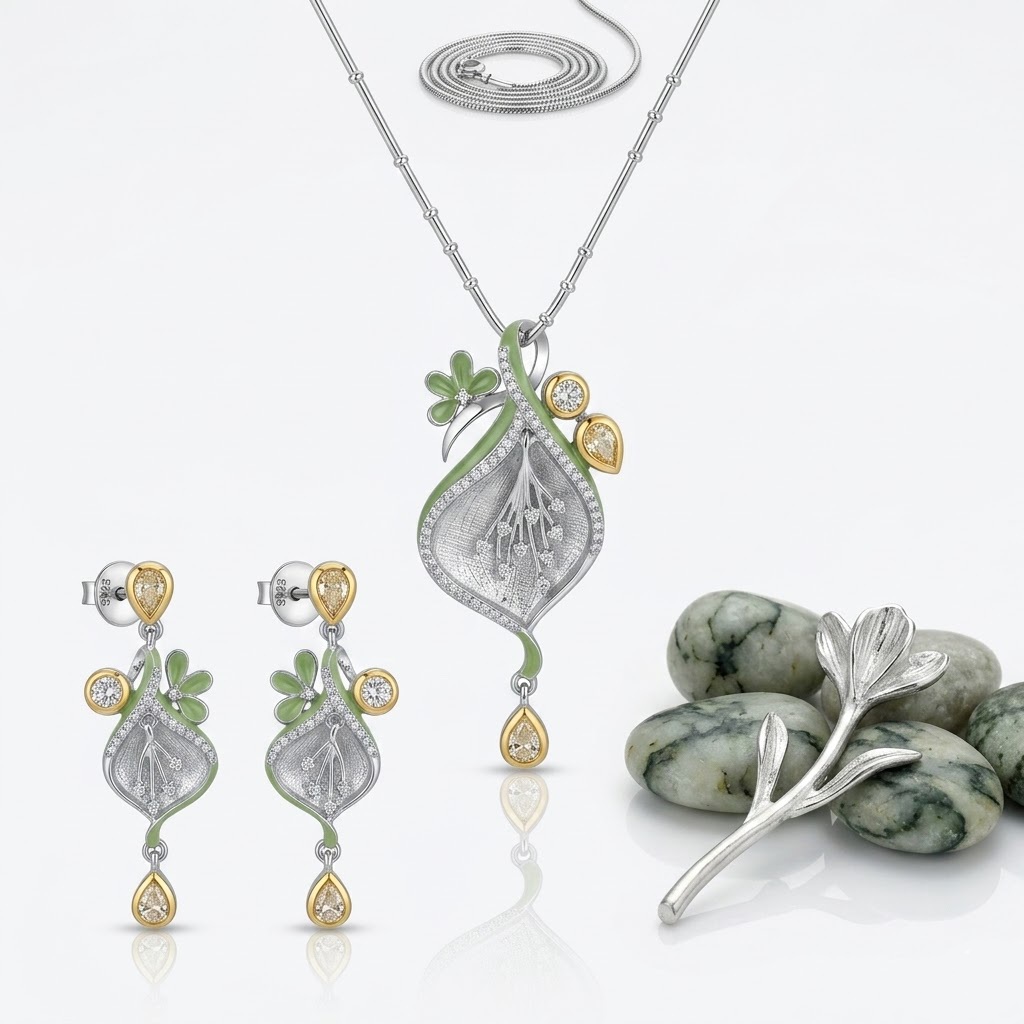EXCLUSIVE 925 SILVER ENAMEL LEAF STYLE PENDANT SET WITHOUT CHAIN - Image 2