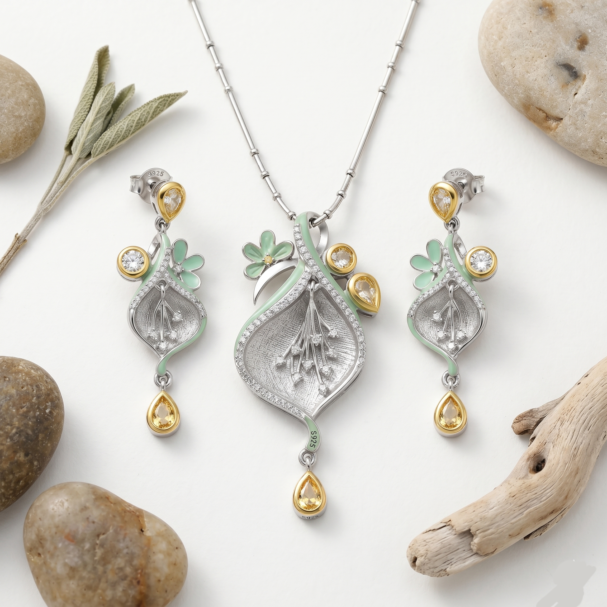 EXCLUSIVE 925 SILVER ENAMEL LEAF STYLE PENDANT SET WITHOUT CHAIN