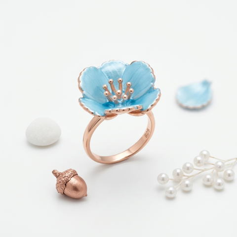 EXCLUSIVE 925 SILVER GOLDEN AQUA BLOSSOM WOMEN'S RING FREE SIZE