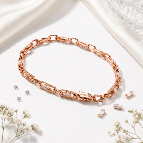 PREMIUM 925 SILVER ROSE GOLD PLATED RADIANCE BAGUETTE BRACELETE