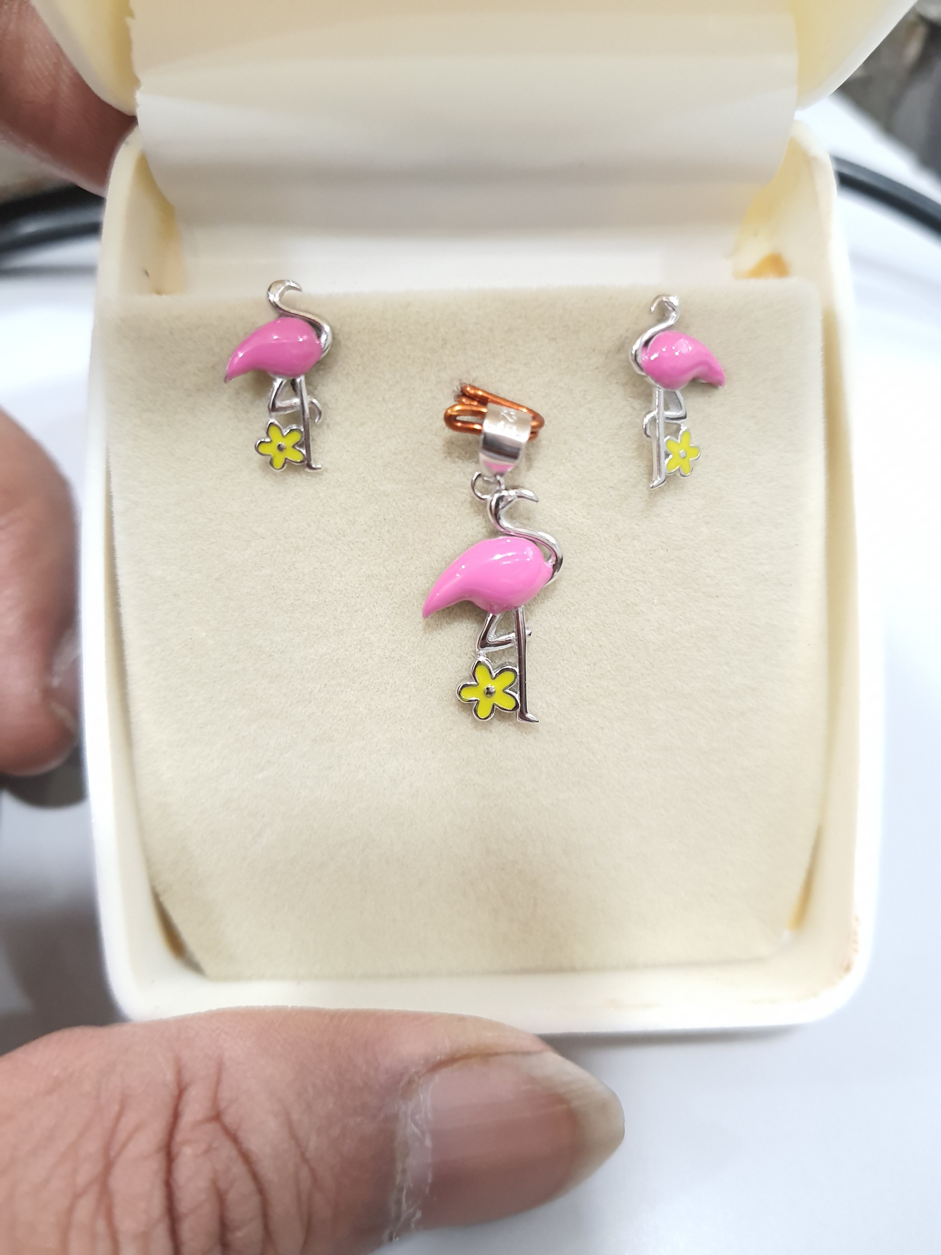 PREMIUM 925 SILVER ROSE FLEMINGO & BLOSSOM ENAMEL BABY PENDANT SET - Image 5