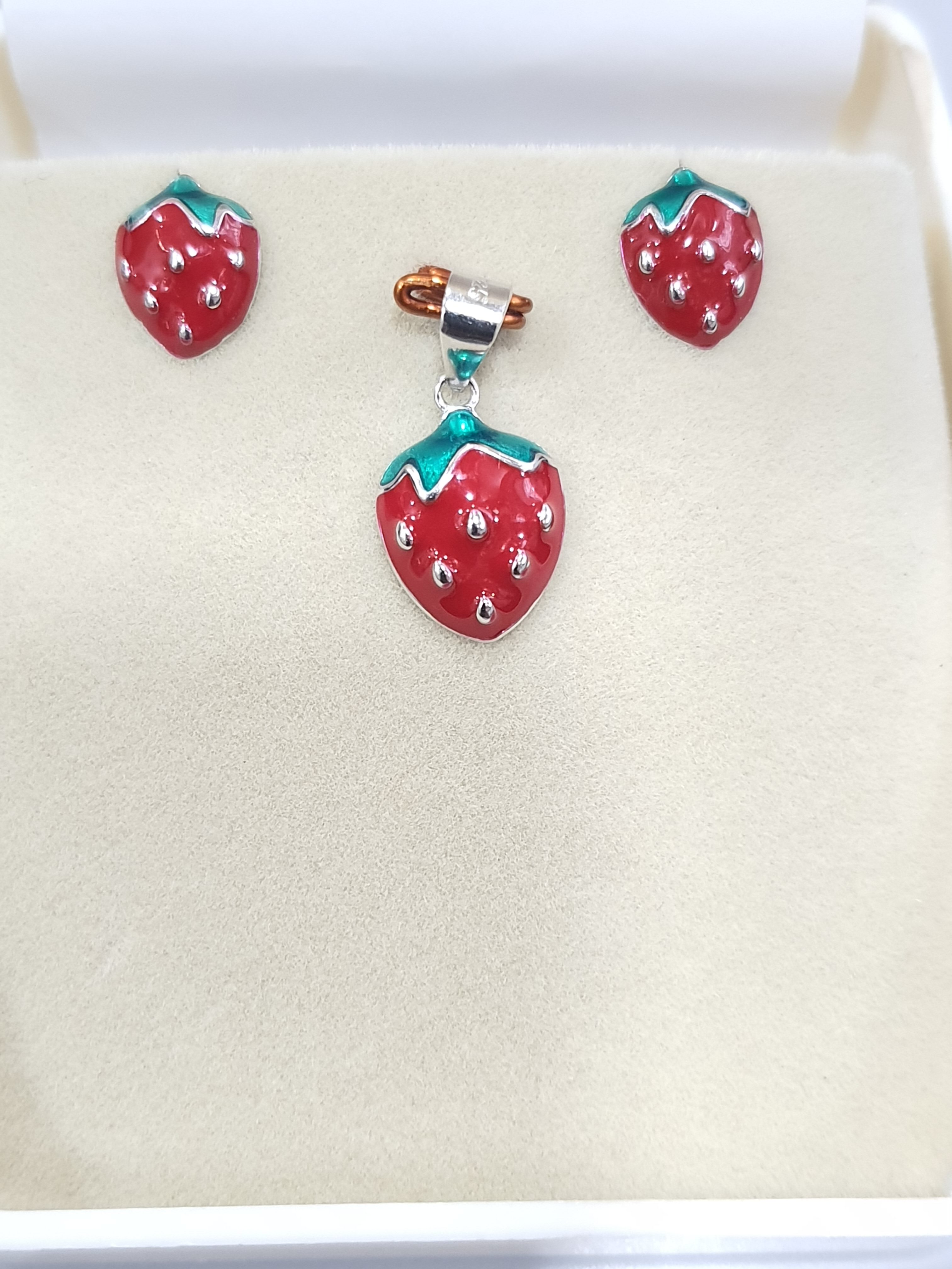 PREMIUM 925 SILVER RUBY STRAWBERRY ENAMEL PENDANT SET - Image 5