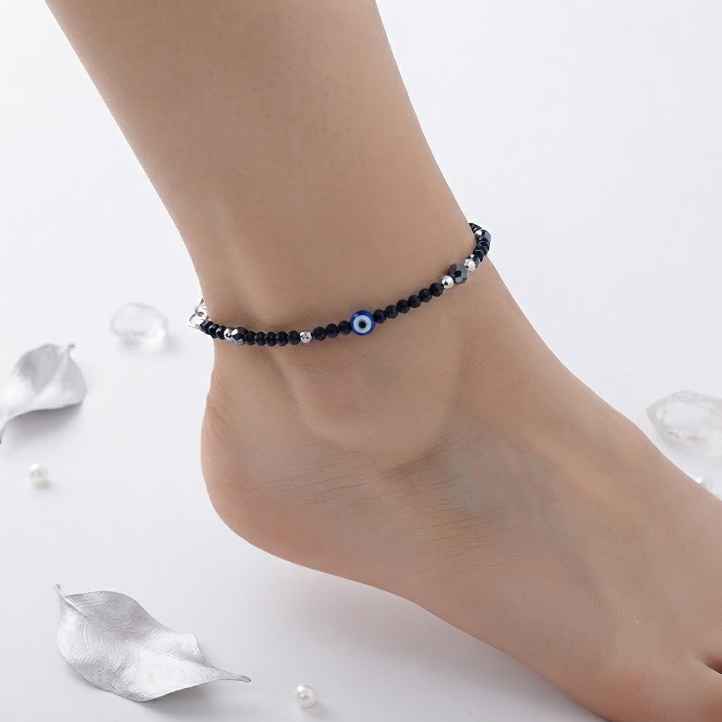 NAZAR SURAKSHA BLACK BEAD SILVER ANKLET