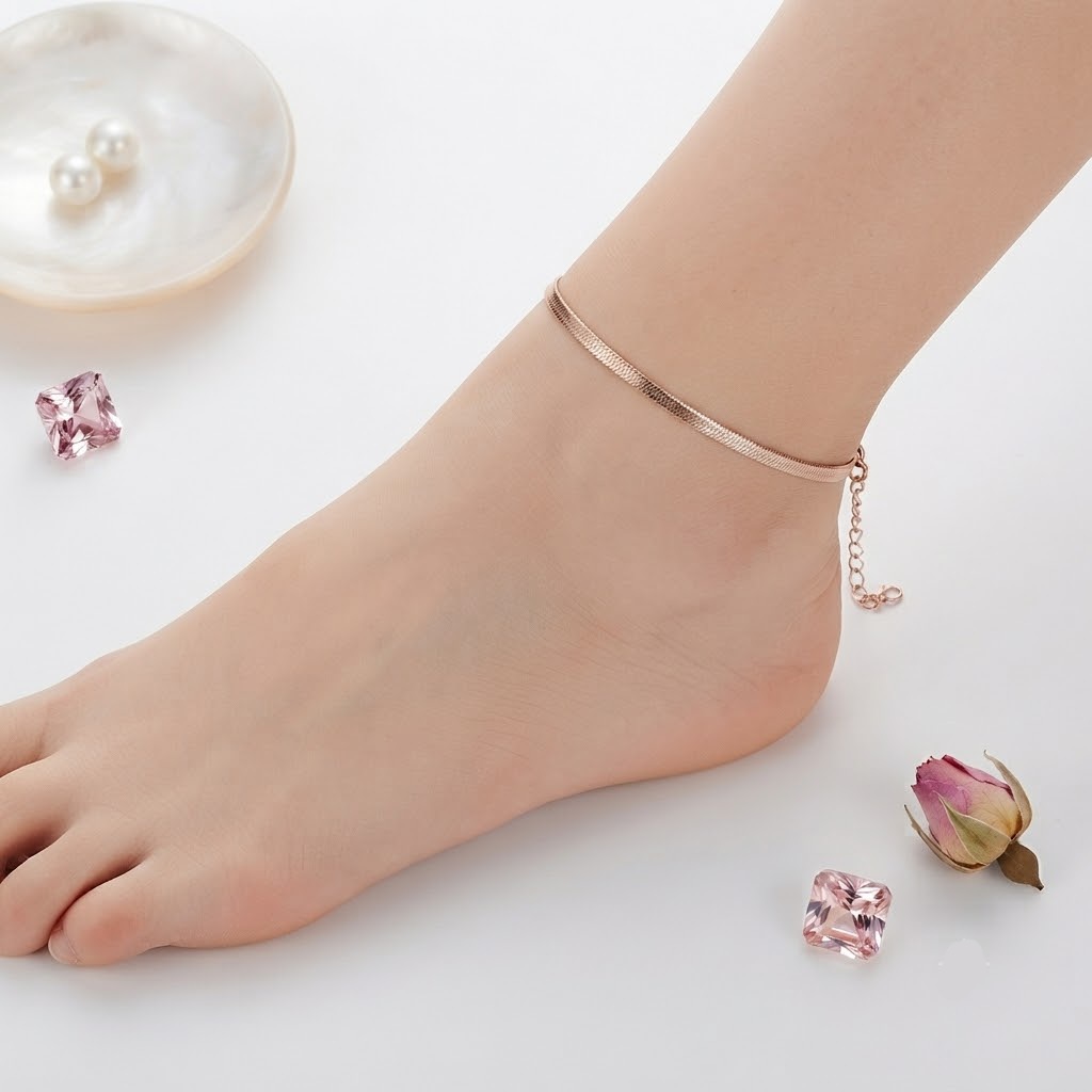 VELVET SHINE ROSE POLISHED SILVER ANKLET