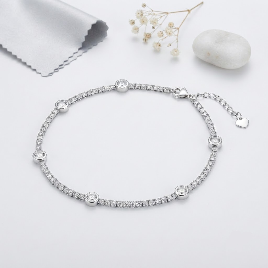 SOLITAIRE SHIMMER TENNIS SILVER ANKLET - Image 3