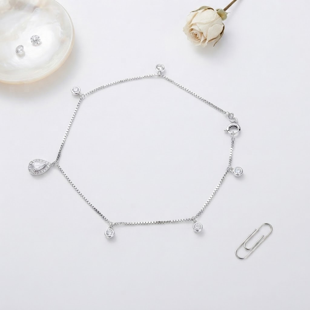 CRYSTAL DEWDROP SILVER ANKLET - Image 2