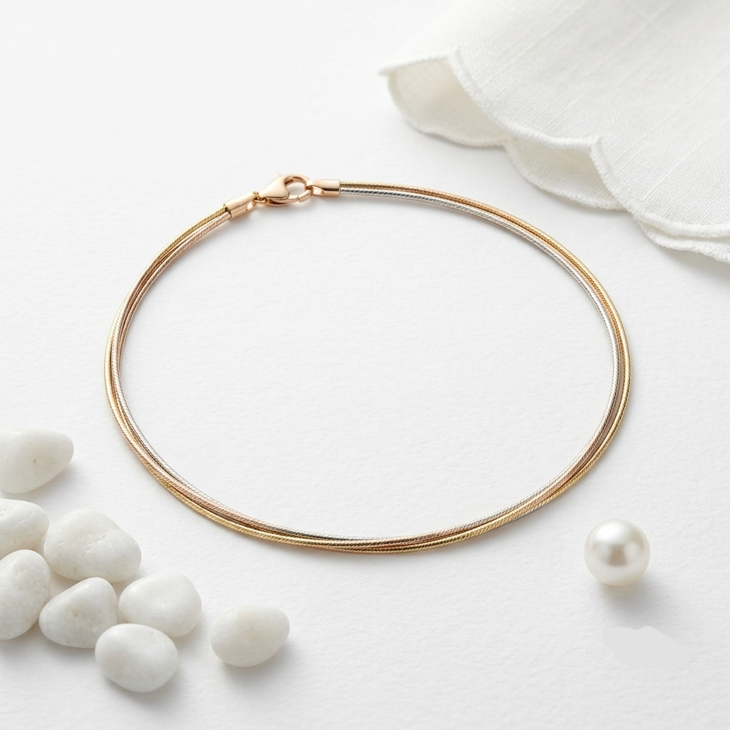 MODERN MINIMALIST THREE TONE THREE LAYERED SILVER ANKLET - Image 3