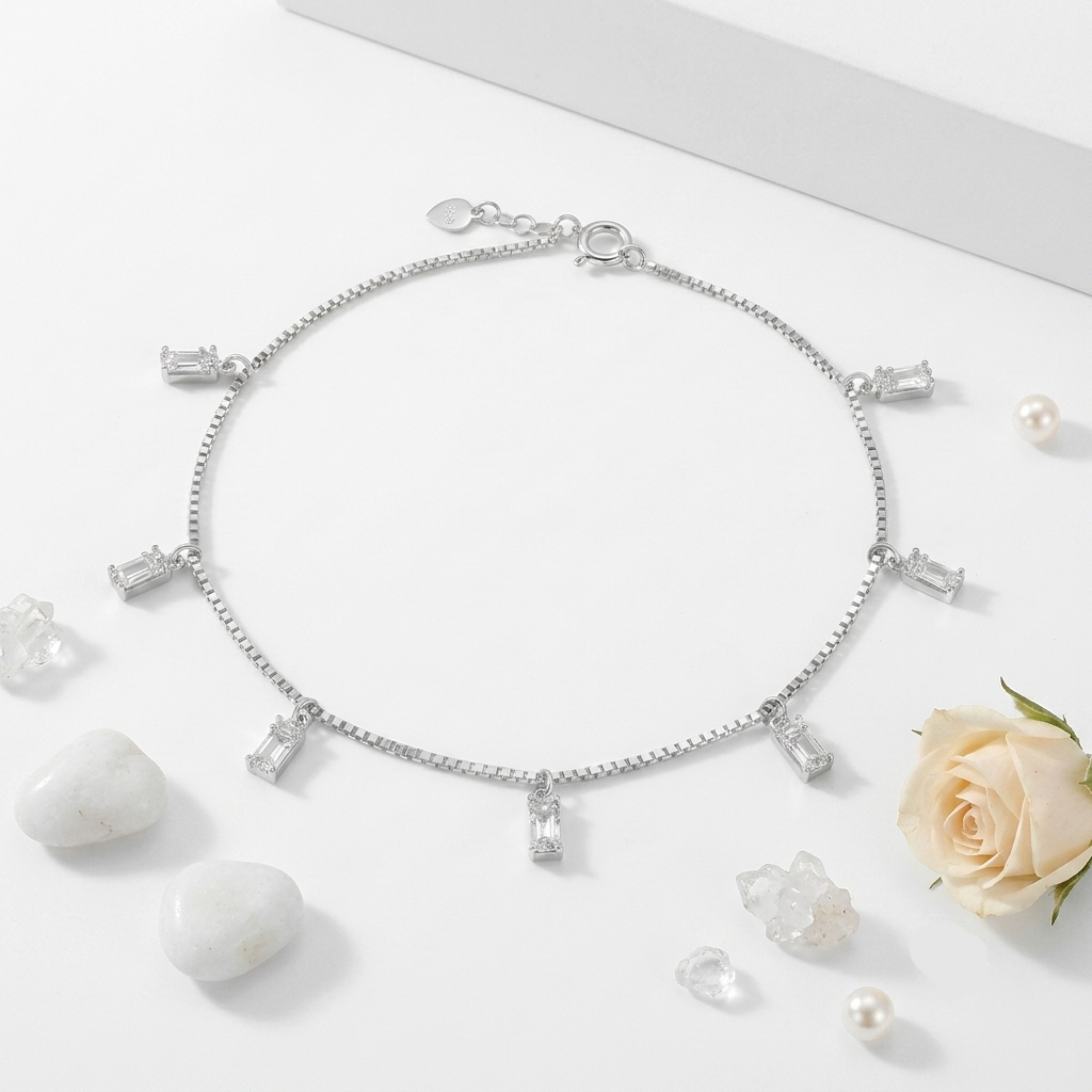 SPARKLING CRYSTAL CHARM SILVER ANKLET - Image 3