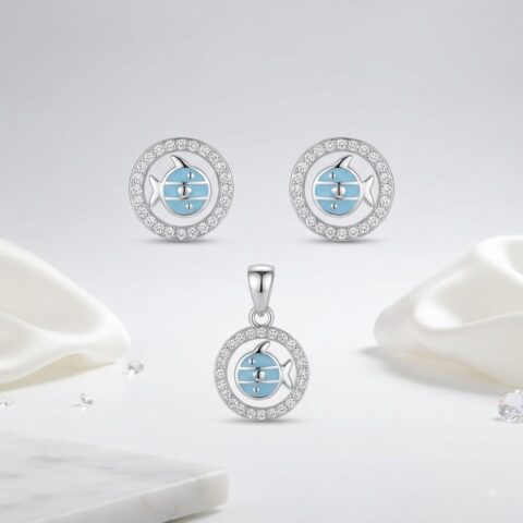 PREMIUM 925 SILVER AQUA FISH BABY PENDANT SET
