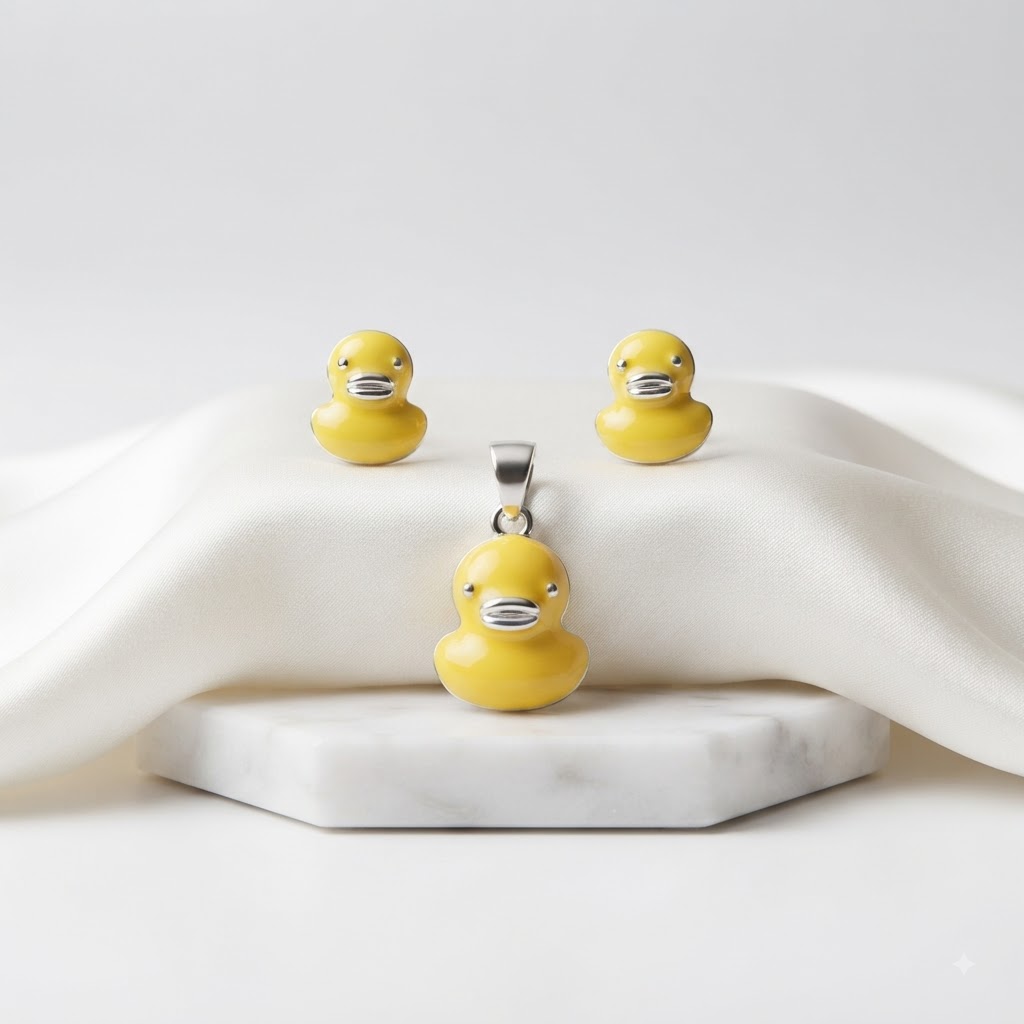 PREMIUM 925 SILVER SUNNY DUCKLING ENAMEL PENDANT SET - Image 4