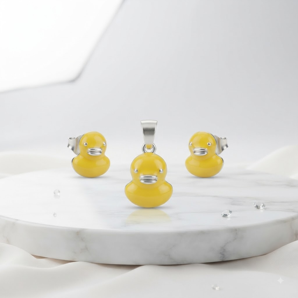 PREMIUM 925 SILVER SUNNY DUCKLING ENAMEL PENDANT SET