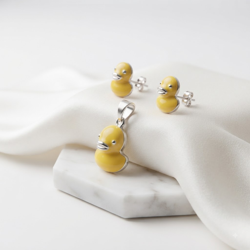PREMIUM 925 SILVER SUNNY DUCKLING ENAMEL PENDANT SET - Image 3