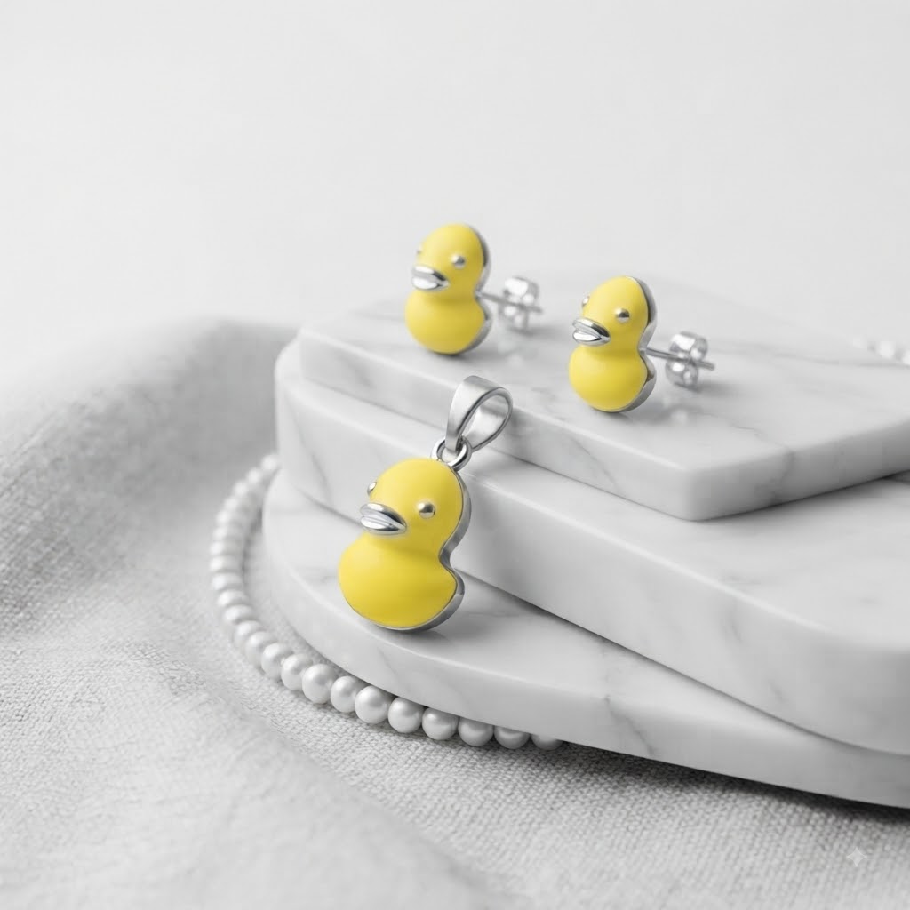 PREMIUM 925 SILVER SUNNY DUCKLING ENAMEL PENDANT SET - Image 2