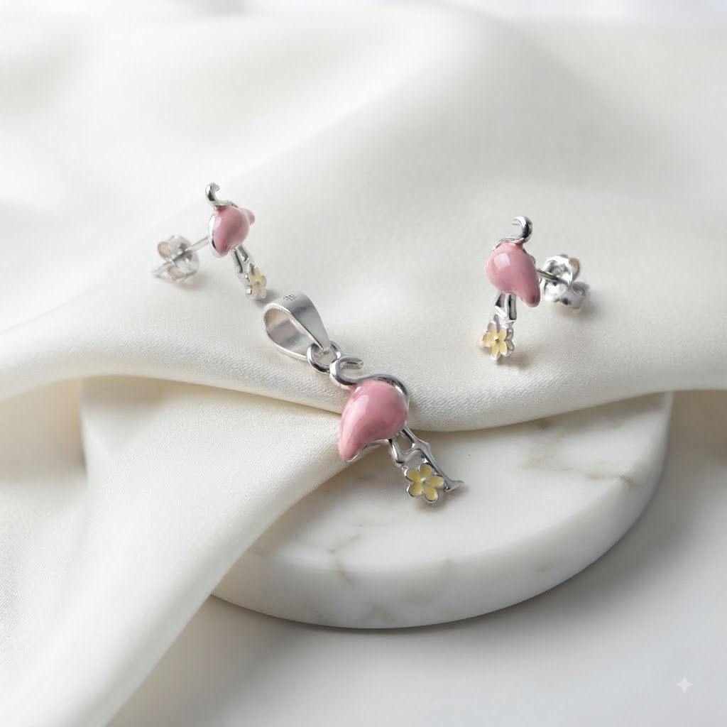 PREMIUM 925 SILVER ROSE FLEMINGO & BLOSSOM ENAMEL BABY PENDANT SET - Image 4