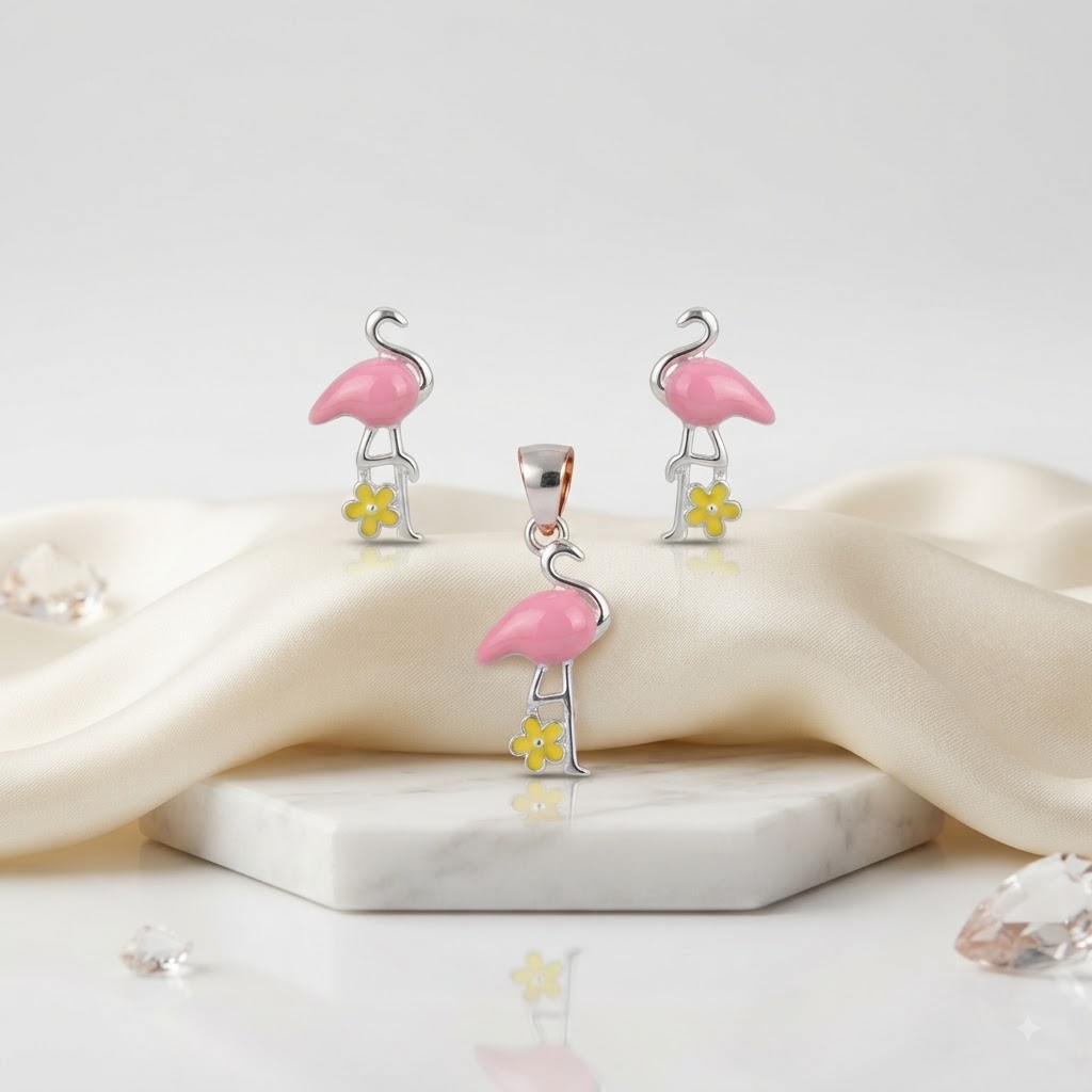 PREMIUM 925 SILVER ROSE FLEMINGO & BLOSSOM ENAMEL BABY PENDANT SET