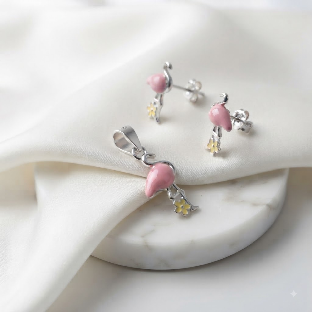 PREMIUM 925 SILVER ROSE FLEMINGO & BLOSSOM ENAMEL BABY PENDANT SET - Image 2
