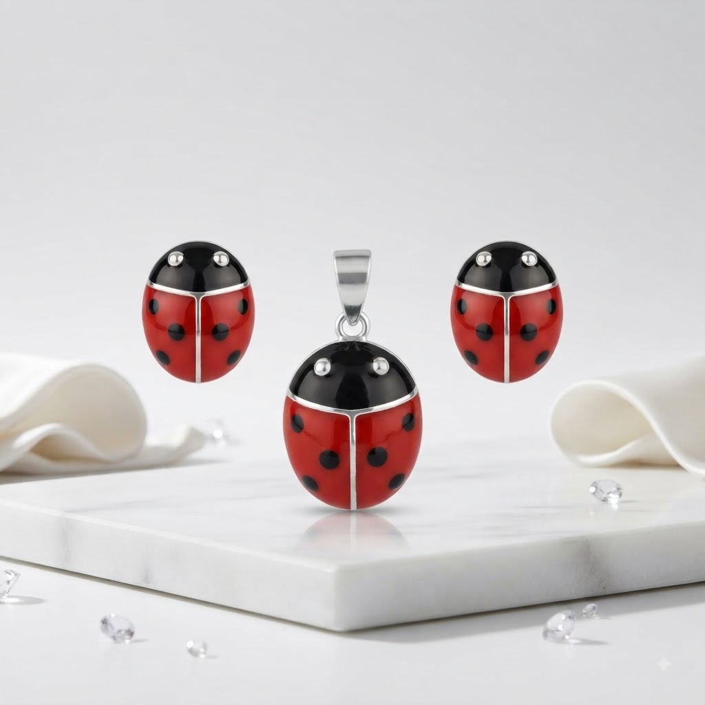 PREMIUM 925 SILVER LUCKY LADYBIRD ENAMEL PENDANT SET