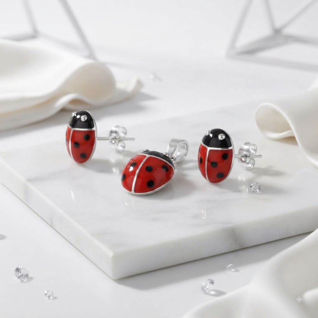 PREMIUM 925 SILVER LUCKY LADYBIRD ENAMEL PENDANT SET - Image 3