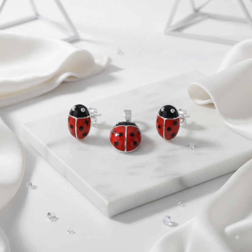 PREMIUM 925 SILVER LUCKY LADYBIRD ENAMEL PENDANT SET - Image 2