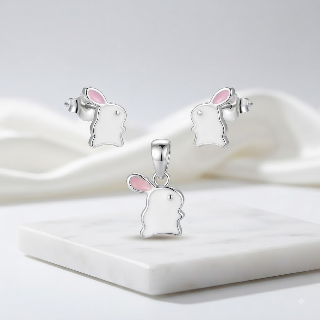 PREMIUM 925 SILVER MINIMALIST RABBIT ENAMEL BABY PENDANT SET