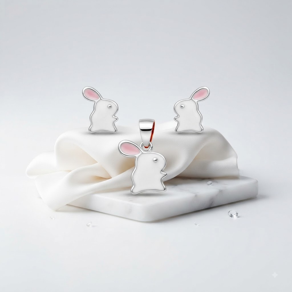PREMIUM 925 SILVER MINIMALIST RABBIT ENAMEL BABY PENDANT SET - Image 2