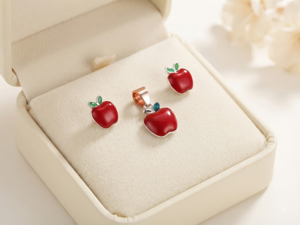 PREMIUM 925 SILVER SWEET ORCHARD APPLE ENAMEL BABY PENDANT SET