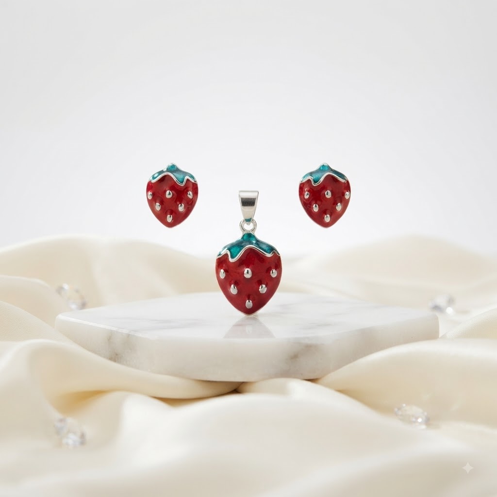 PREMIUM 925 SILVER RUBY STRAWBERRY ENAMEL PENDANT SET - Image 4