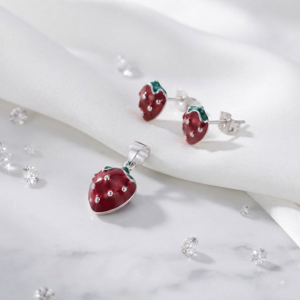PREMIUM 925 SILVER RUBY STRAWBERRY ENAMEL PENDANT SET - Image 3