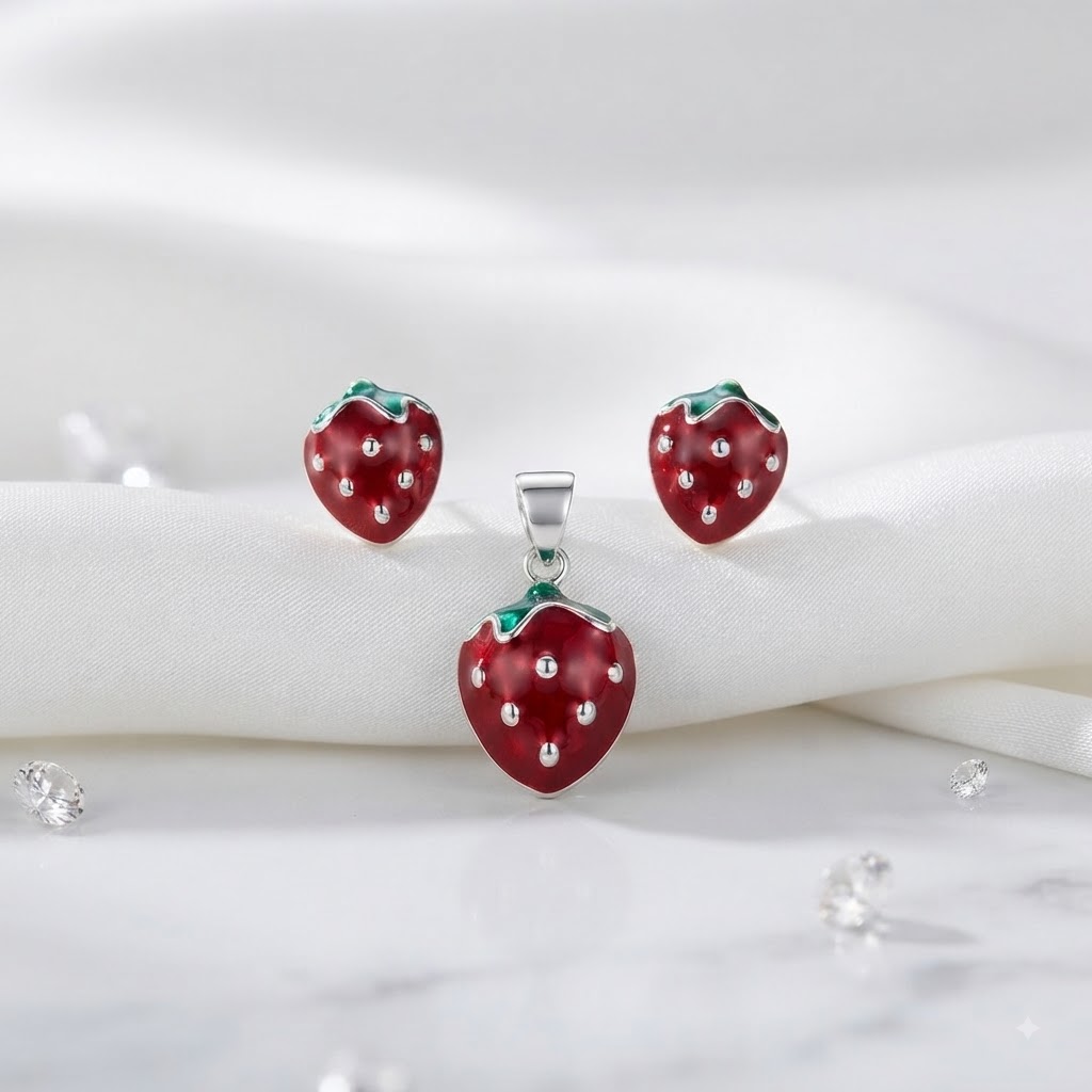 PREMIUM 925 SILVER RUBY STRAWBERRY ENAMEL PENDANT SET